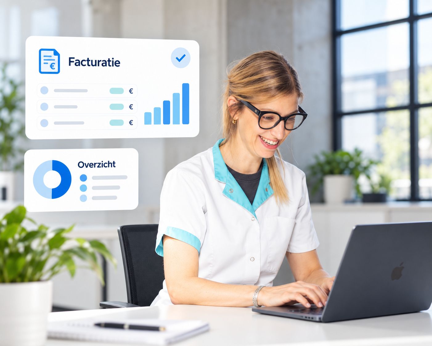 Verpleegkundige werkt aan de facturatie op een laptop